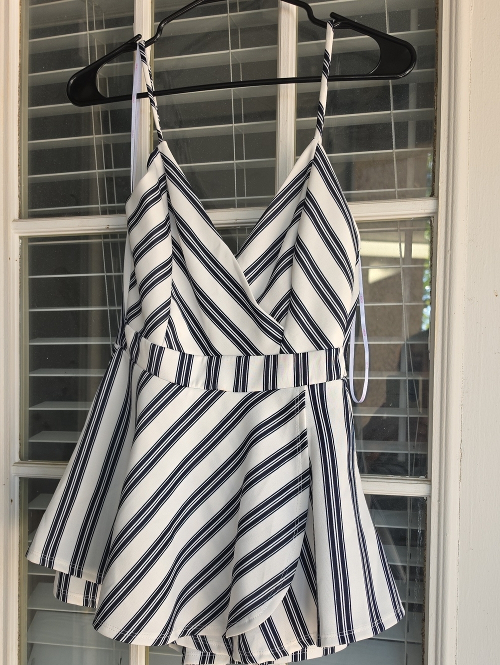a'gaci White & Navy Striped V-Neck Mini Dress